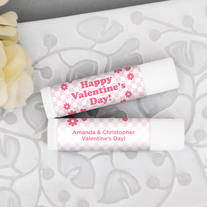 Personalized Lip Balm Valentine's Favors, Galentine's Lip Balm, Checked with Daisies