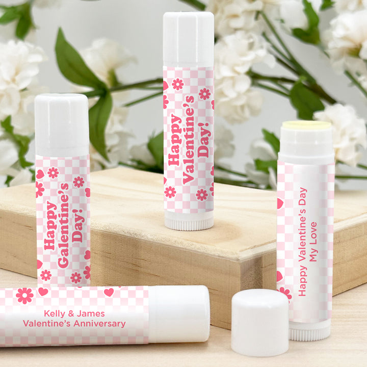 Personalized Lip Balm Valentine's Favors, Galentine's Lip Balm, Checked with Daisies