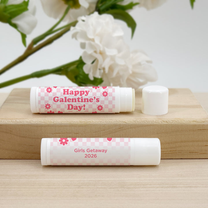 Personalized Lip Balm Valentine's Favors, Galentine's Lip Balm, Checked with Daisies