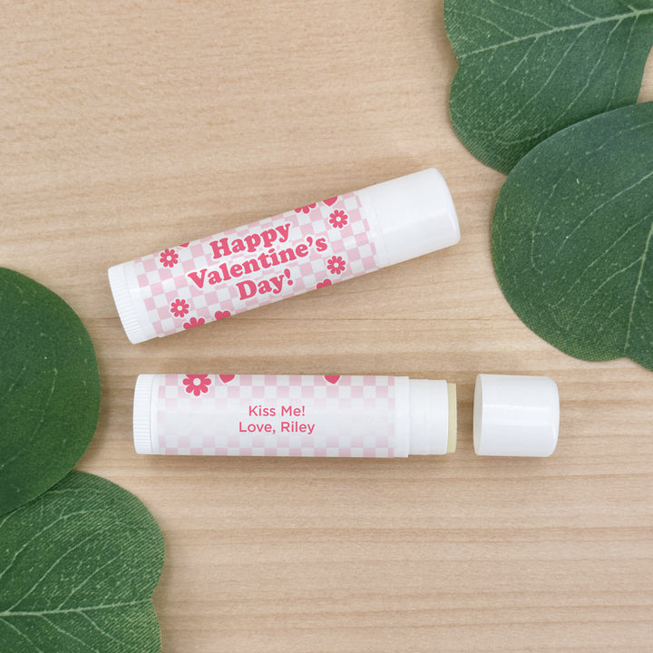 Personalized Lip Balm Valentine's Favors, Galentine's Lip Balm, Checked with Daisies