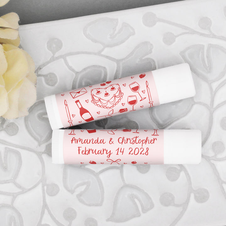 Personalized Lip Balm Valentine's Favors, Galentine's Lip Balm, Hand Drawn Valentine's Sketch Pattern