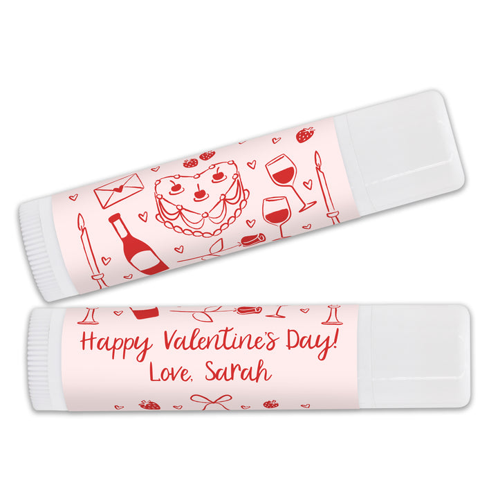 Personalized Lip Balm Valentine's Favors, Galentine's Lip Balm, Hand Drawn Valentine's Sketch Pattern