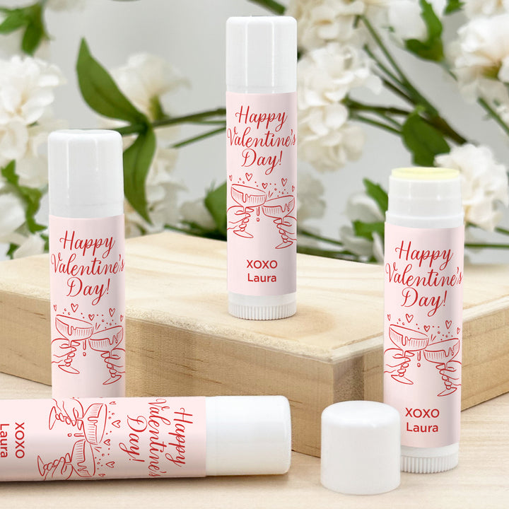 Personalized Lip Balm Valentine's Favors, Galentine's Lip Balm, Clinking Champagne Coupes