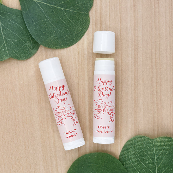 Personalized Lip Balm Valentine's Favors, Galentine's Lip Balm, Clinking Champagne Coupes