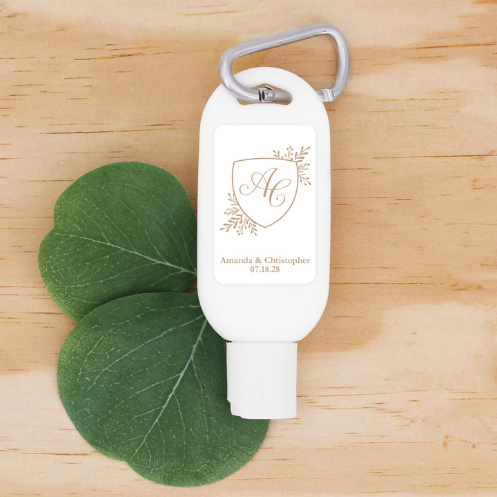 Personalized Carabiner Sunscreen Favor, Wedding initials, Wedding Monogram Crest Sunscreen