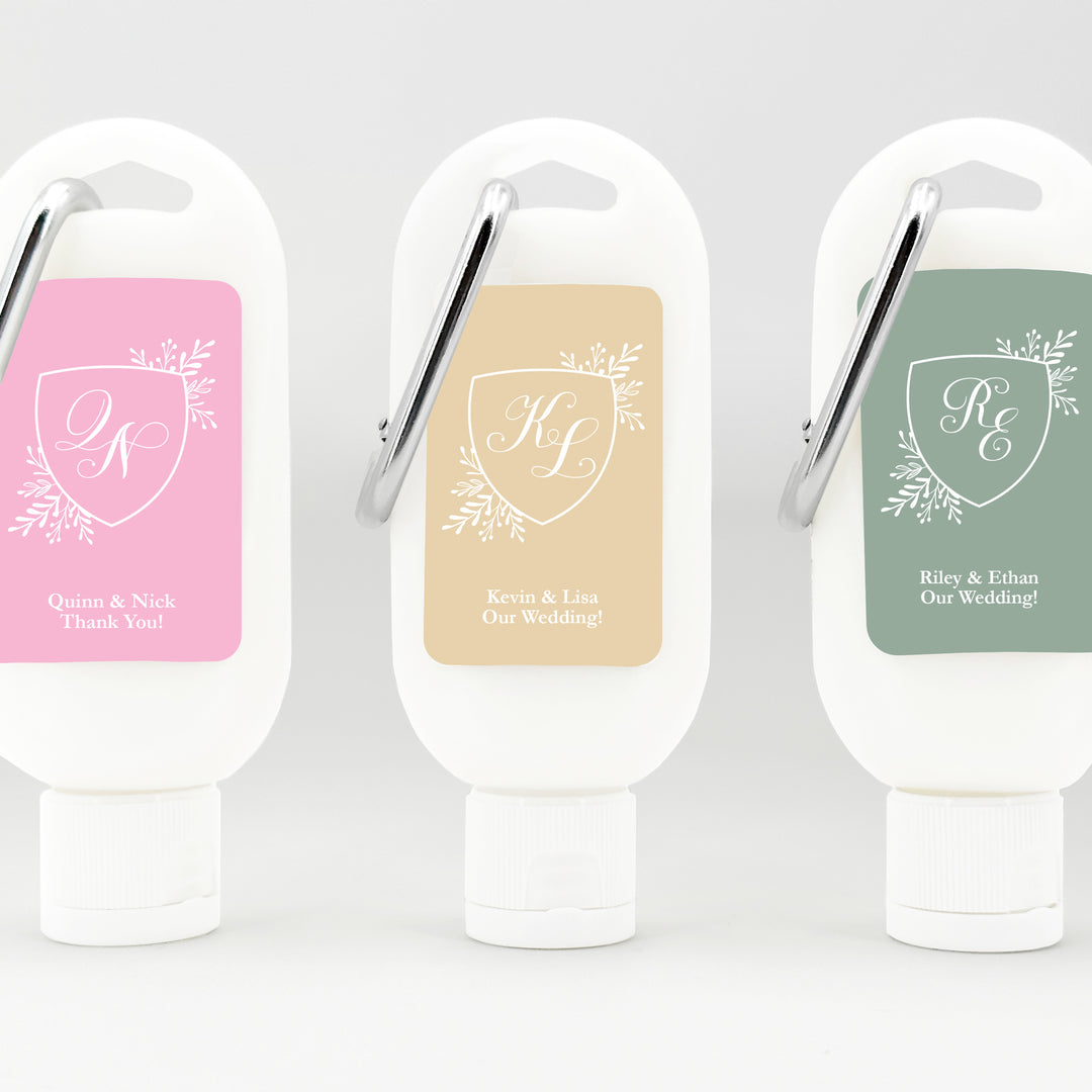 Personalized Carabiner Sunscreen Favor, Wedding initials, Wedding Monogram Crest Sunscreen