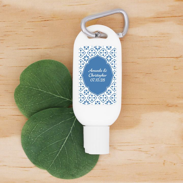 Sunscreen Favors with Carabiner, Amalfi Coast Italian Wedding, Mediterranean Tile Sunscreen