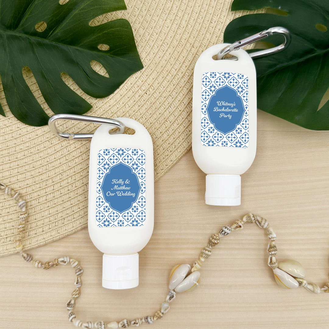 Sunscreen Favors with Carabiner, Amalfi Coast Italian Wedding, Mediterranean Tile Sunscreen