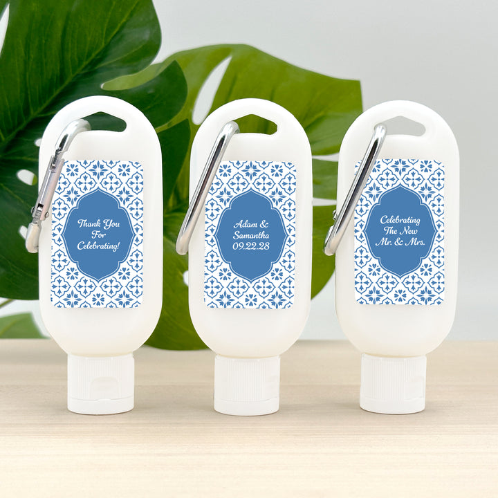 Sunscreen Favors with Carabiner, Amalfi Coast Italian Wedding, Mediterranean Tile Sunscreen