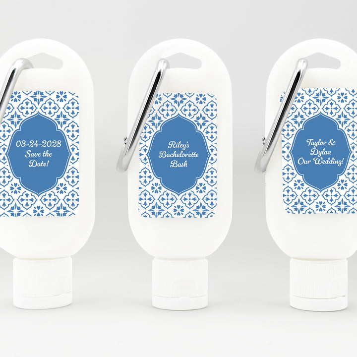 Sunscreen Favors with Carabiner, Amalfi Coast Italian Wedding, Mediterranean Tile Sunscreen