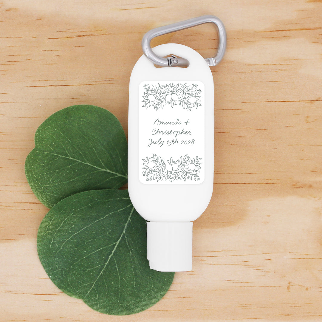 Sunscreen Favors with Carabiner, Amalfi Coast Sketch Pattern, Hand Drawn Mediterranean Floral Sunscreen