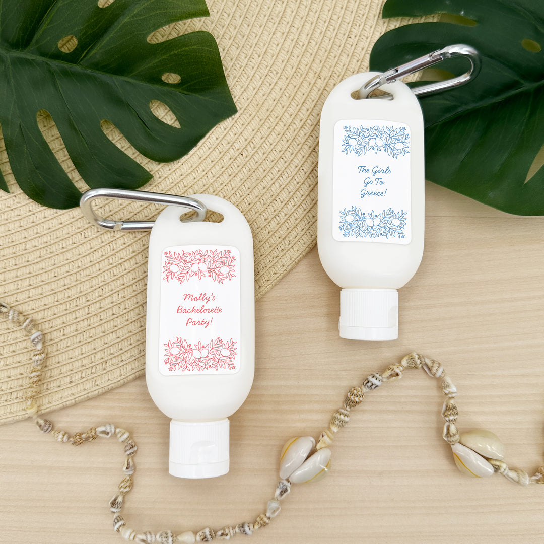 Sunscreen Favors with Carabiner, Amalfi Coast Sketch Pattern, Hand Drawn Mediterranean Floral Sunscreen