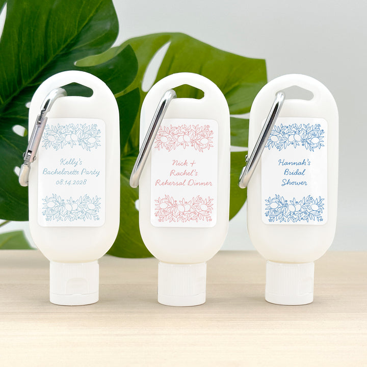 Sunscreen Favors with Carabiner, Amalfi Coast Sketch Pattern, Hand Drawn Mediterranean Floral Sunscreen