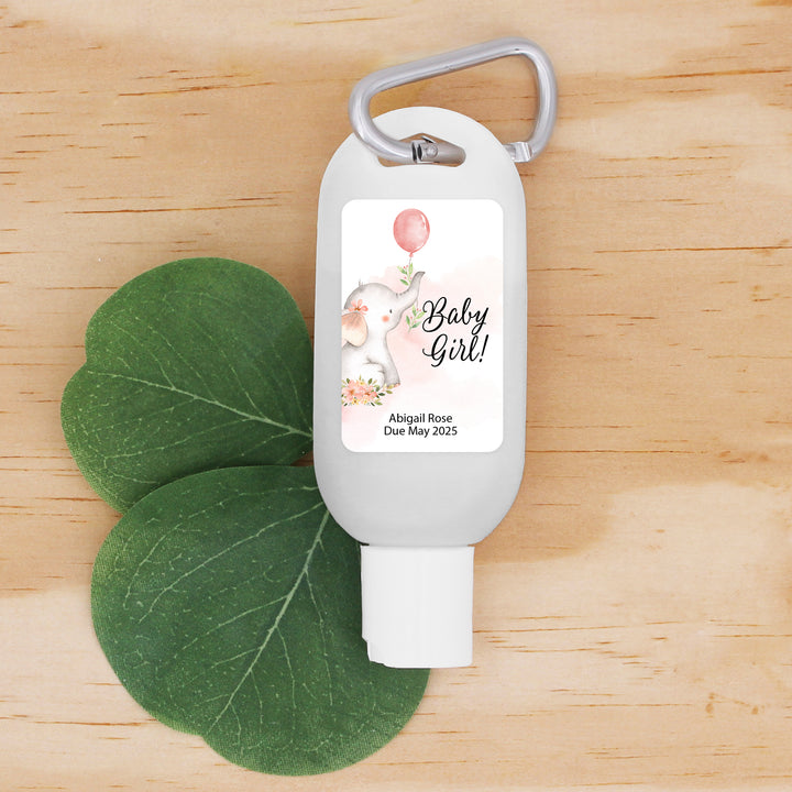 Custom Baby Shower Hand Sanitizer with Carabiner, Gender Reveal, Pink Baby Elephant