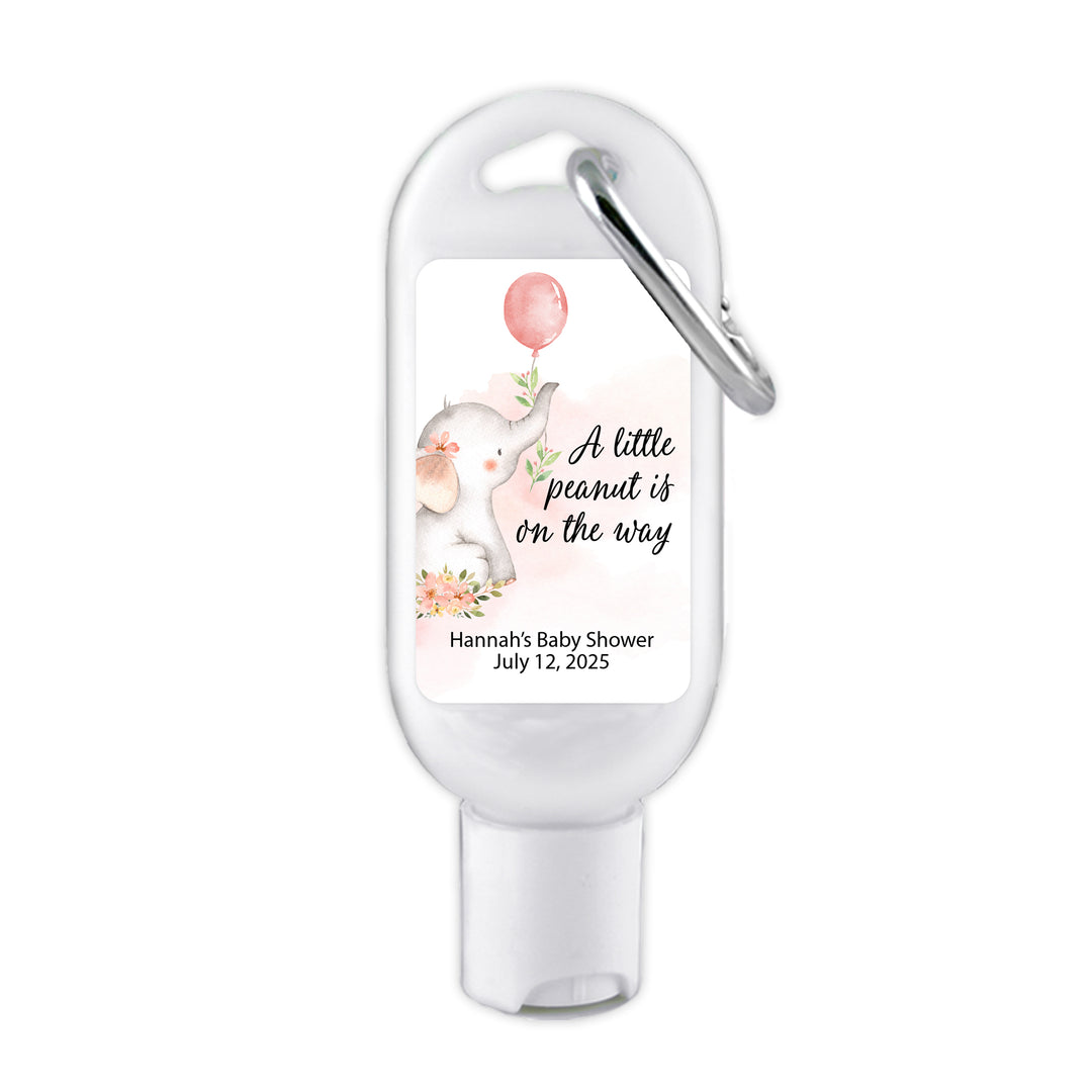 Custom Baby Shower Hand Sanitizer with Carabiner, Gender Reveal, Pink Baby Elephant