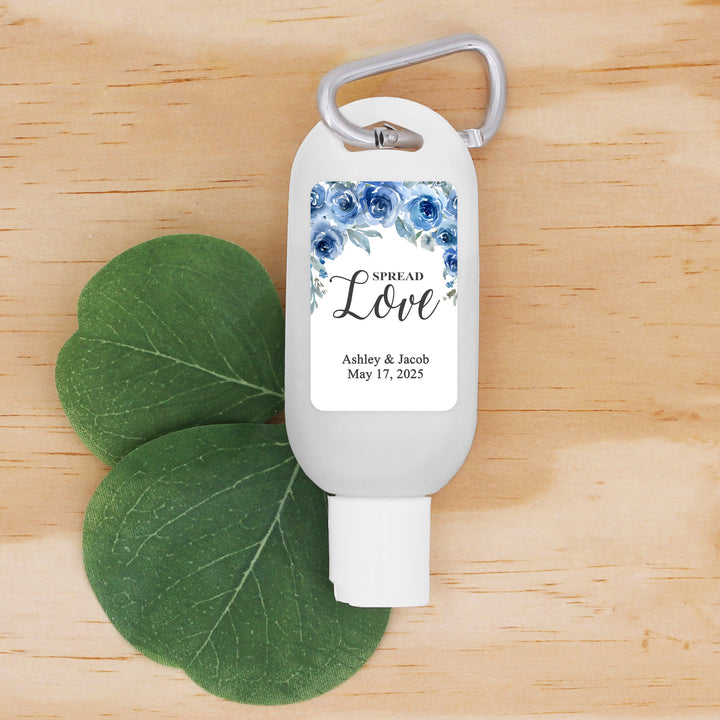 Custom Wedding Hand Sanitizer with Carabiner, Spread Love, Blue Chinoiserie, Blue Floral Toile