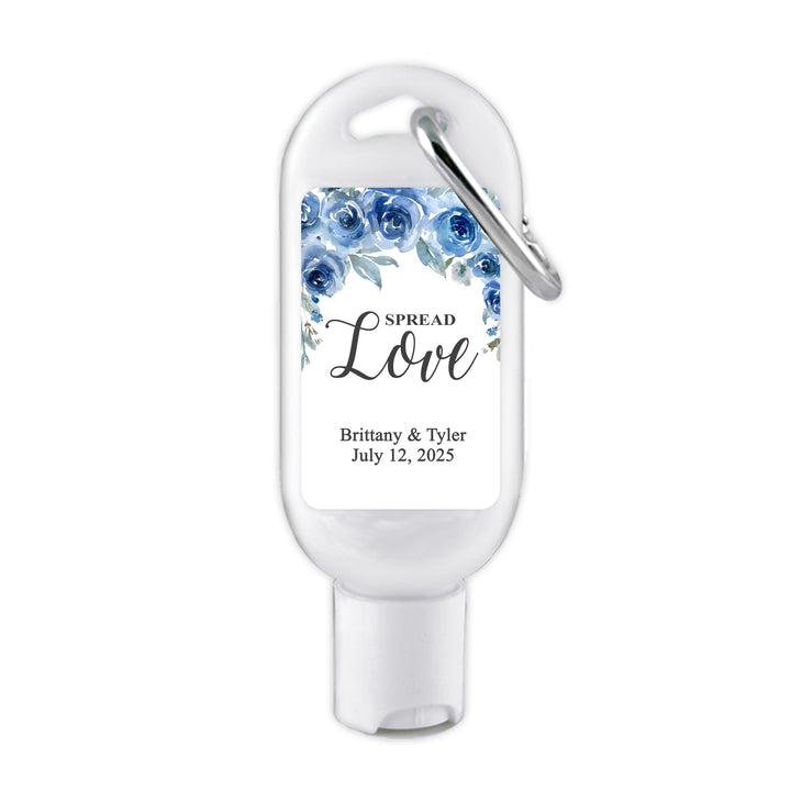 Custom Wedding Hand Sanitizer with Carabiner, Spread Love, Blue Chinoiserie, Blue Floral Toile