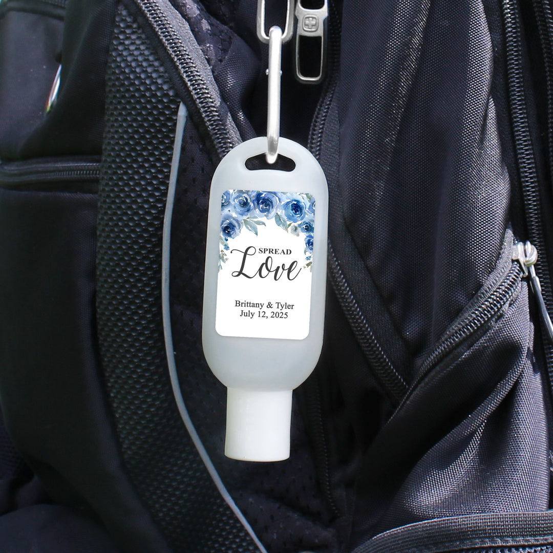 Custom Wedding Hand Sanitizer with Carabiner, Spread Love, Blue Chinoiserie, Blue Floral Toile