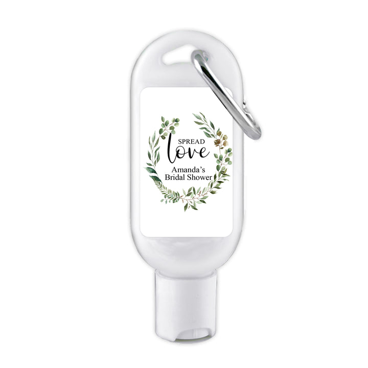 Custom Wedding Hand Sanitizer with Carabiner, Spread Love, Green Wreath