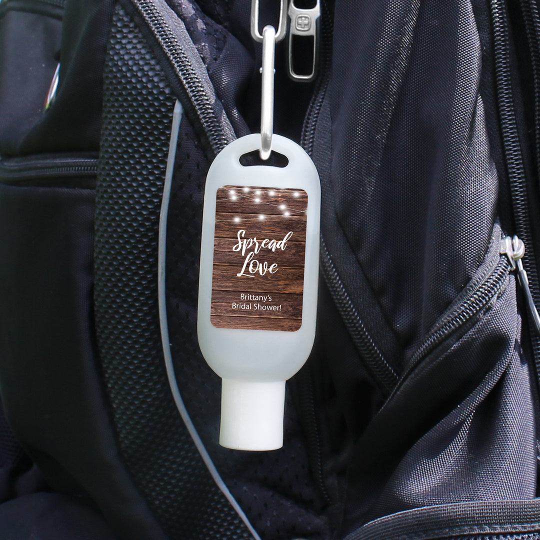 Custom Wedding Hand Sanitizer with Carabiner, Spread Love, Rustic Firefly Lights