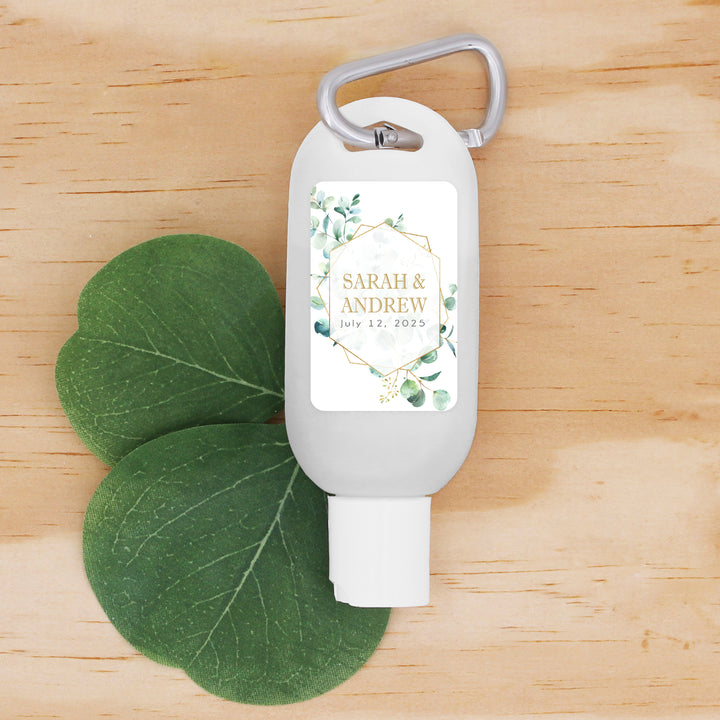 Custom Wedding Hand Sanitizer with Carabiner, Geometric Eucalyptus