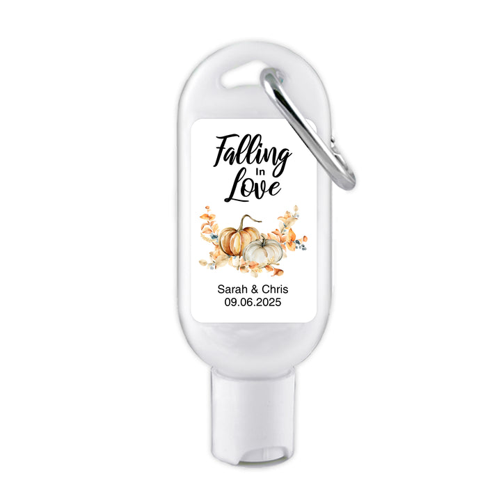 Custom Wedding Hand Sanitizer with Carabiner, Falling in Love, Fall Pumpkins