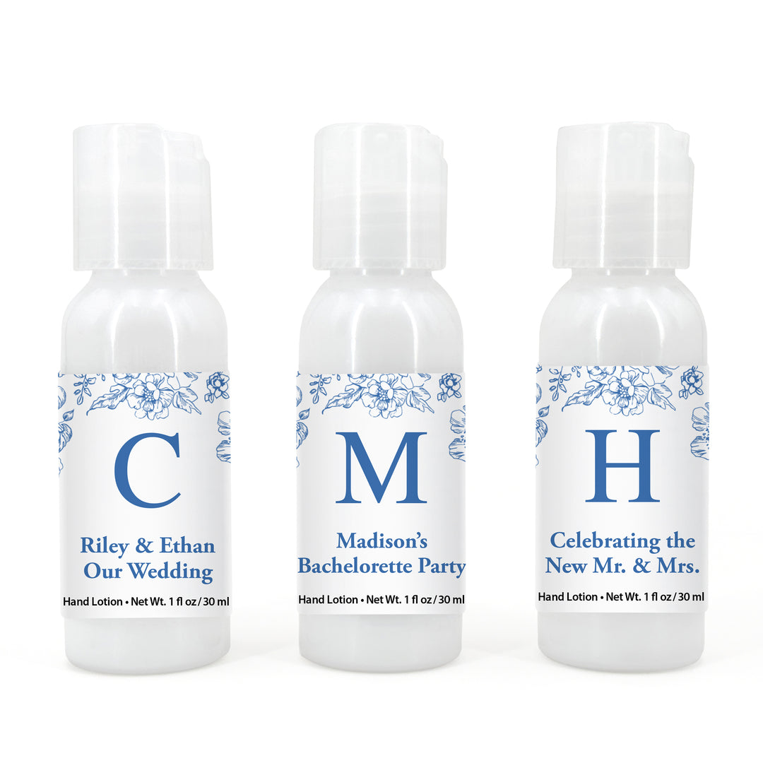 Wedding Favors Hand Lotion, Bridal Shower Favors, Blue Chinoiserie, French Toile Monogram Lotion