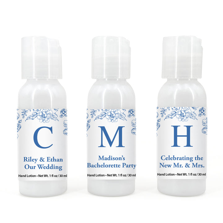 Wedding Favors Hand Lotion, Bridal Shower Favors, Blue Chinoiserie, French Toile Monogram Lotion