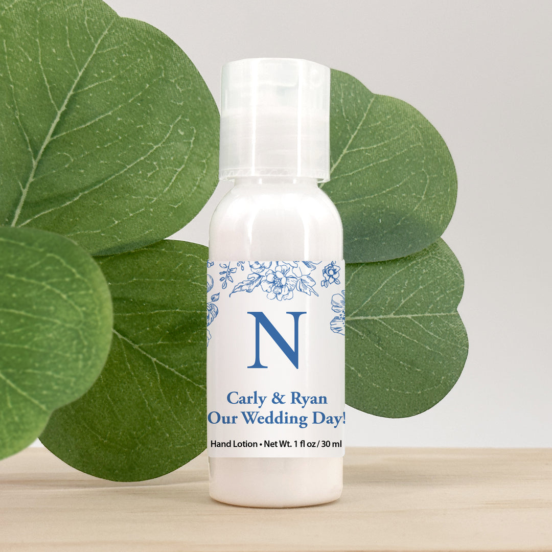 Wedding Favors Hand Lotion, Bridal Shower Favors, Blue Chinoiserie, French Toile Monogram Lotion