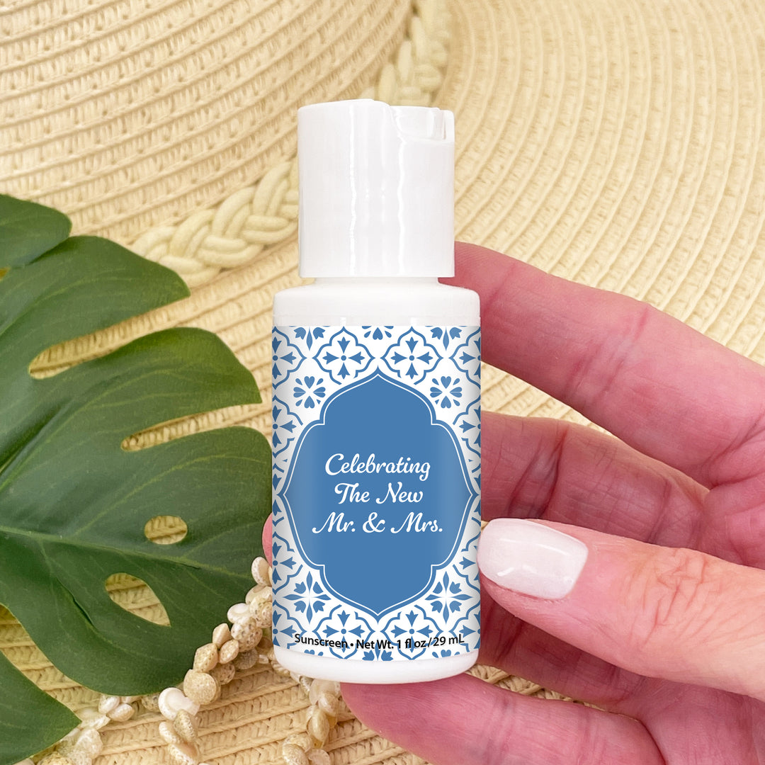 Mini Sunscreen Favor, Personalized Wedding Favors, Bachelorette Party Favors, Bridal Shower, Amalfi Coast Italian Wedding, Mediterranean Tile Sunscreen