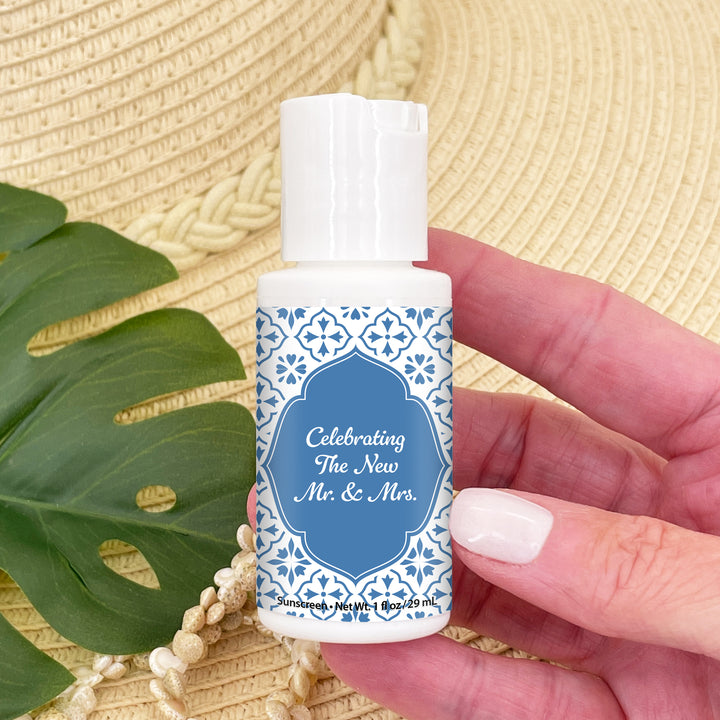 Mini Sunscreen Favor, Personalized Wedding Favors, Bachelorette Party Favors, Bridal Shower, Amalfi Coast Italian Wedding, Mediterranean Tile Sunscreen