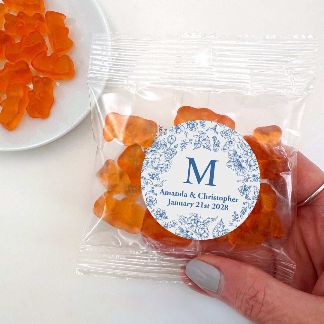 Champagne Gummy Bears Wedding Favors, Blue Chinoiserie, French Toile Monogram Gummy Bears