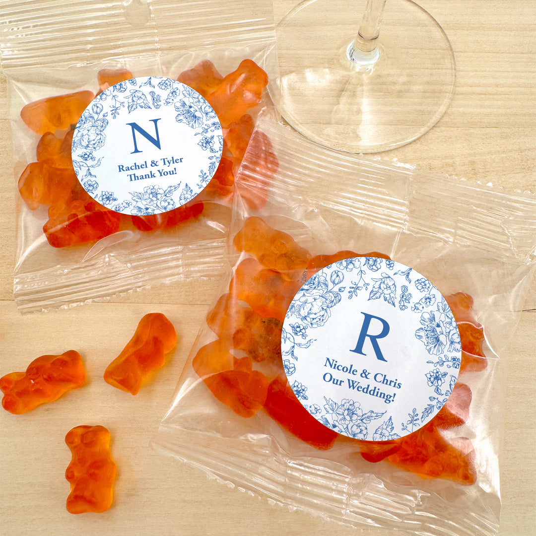 Champagne Gummy Bears Wedding Favors, Blue Chinoiserie, French Toile Monogram Gummy Bears