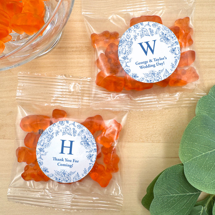 Champagne Gummy Bears Wedding Favors, Blue Chinoiserie, French Toile Monogram Gummy Bears