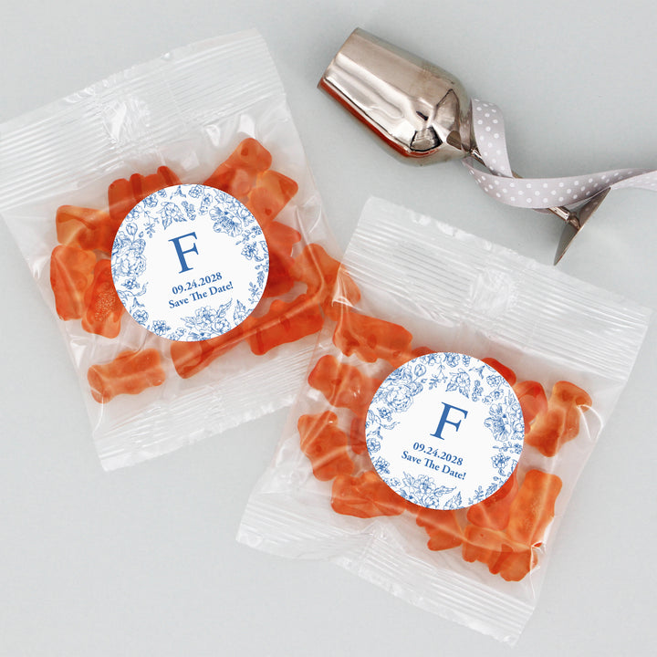 Champagne Gummy Bears Wedding Favors, Blue Chinoiserie, French Toile Monogram Gummy Bears