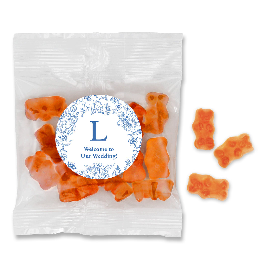 Champagne Gummy Bears Wedding Favors, Blue Chinoiserie, French Toile Monogram Gummy Bears