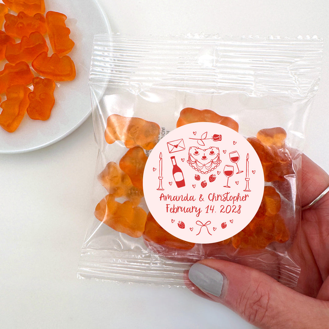 Gummy Bear Favors, Personalized Valentine's Favors, Galentine's Champagne Gummy Bears,  Hand Drawn Valentine's Sketch Pattern