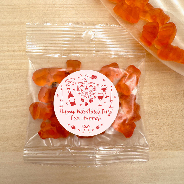 Gummy Bear Favors, Personalized Valentine's Favors, Galentine's Champagne Gummy Bears,  Hand Drawn Valentine's Sketch Pattern