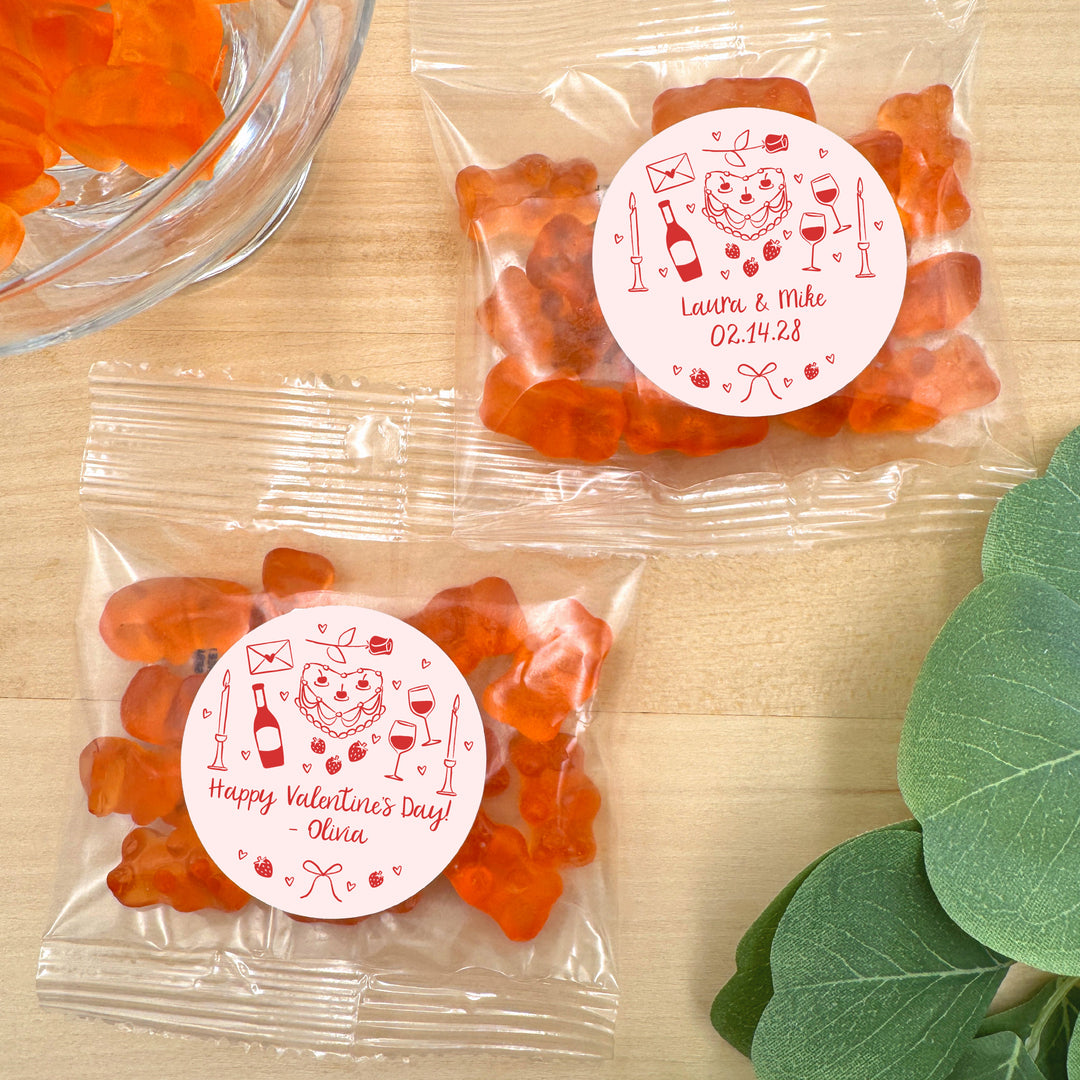 Gummy Bear Favors, Personalized Valentine's Favors, Galentine's Champagne Gummy Bears,  Hand Drawn Valentine's Sketch Pattern