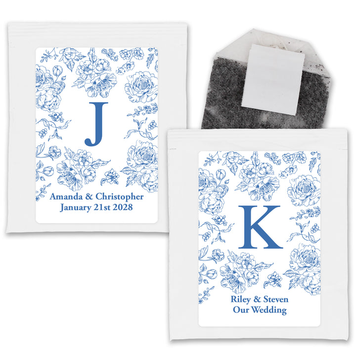 Bridal Shower Personalized Tea Bags, Blue Chinoiserie, French Blue Toile Monogram