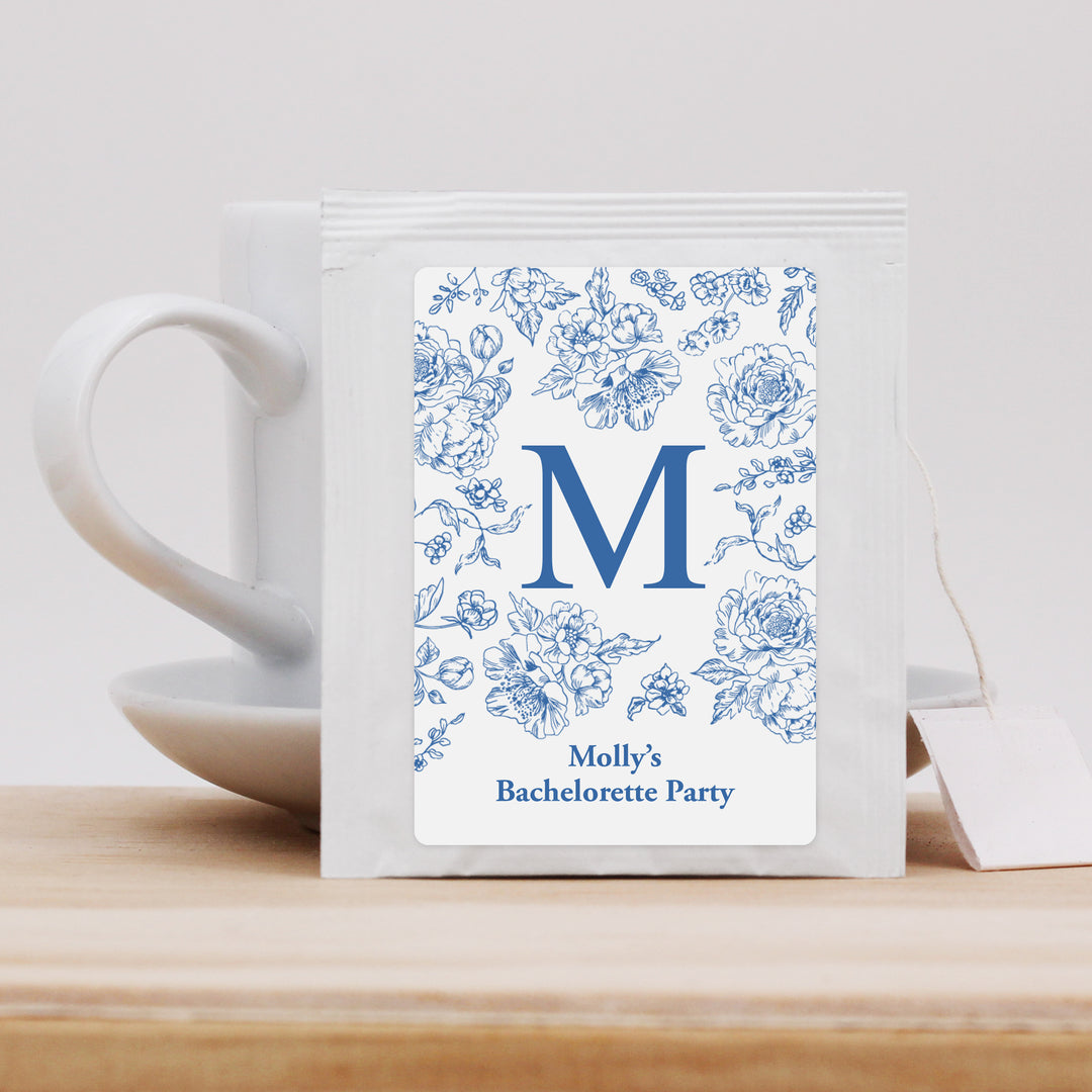 Bridal Shower Personalized Tea Bags, Blue Chinoiserie, French Blue Toile Monogram