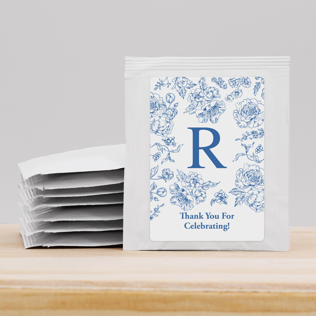 Bridal Shower Personalized Tea Bags, Blue Chinoiserie, French Blue Toile Monogram