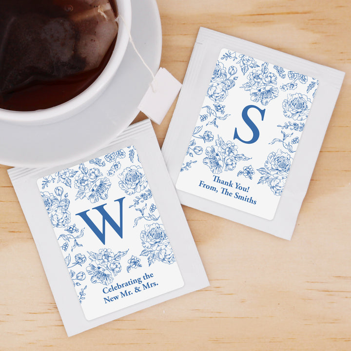 Bridal Shower Personalized Tea Bags, Blue Chinoiserie, French Blue Toile Monogram