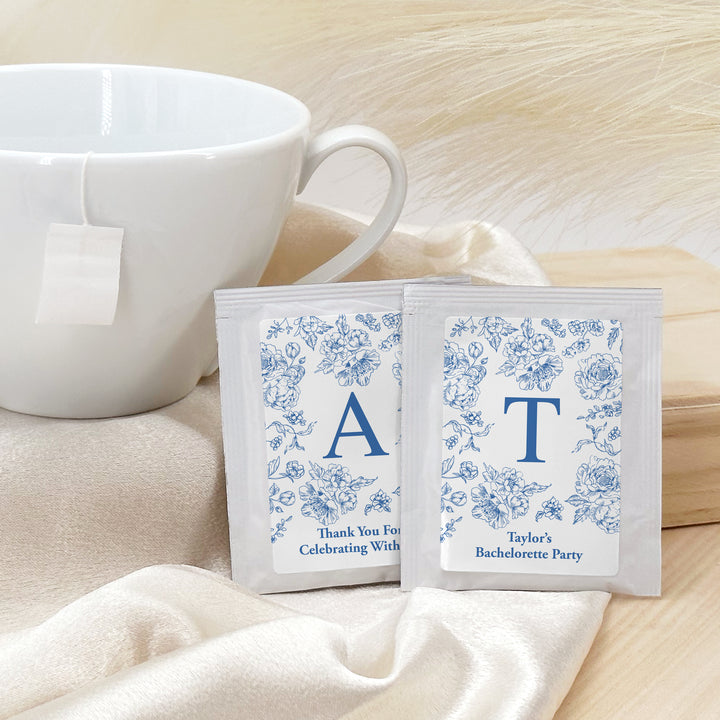 Bridal Shower Personalized Tea Bags, Blue Chinoiserie, French Blue Toile Monogram