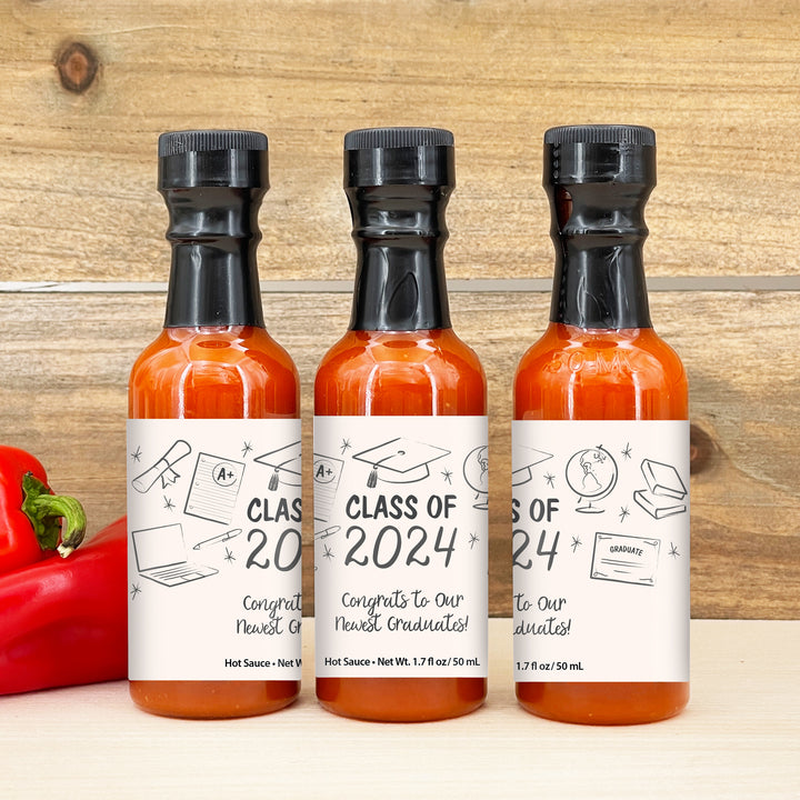 Hot Sauce Graduation Favors, Hand Drawn Grad Icon Pattern Sketch, 1.7 oz bottle of hot sauce