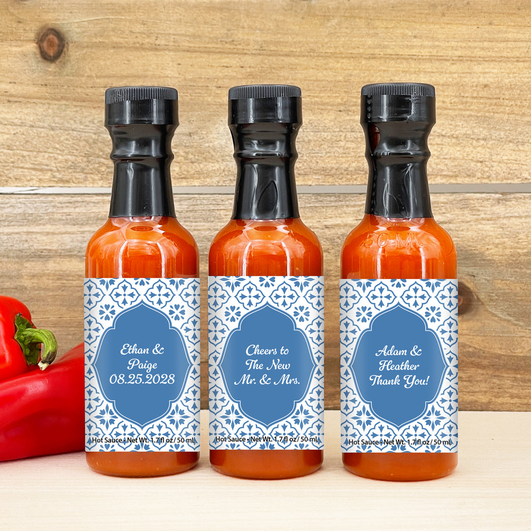 Hot Sauce Wedding Favors, Amalfi Coast Italian Wedding, Mediterranean Tile, 1.7 oz bottle of hot sauce