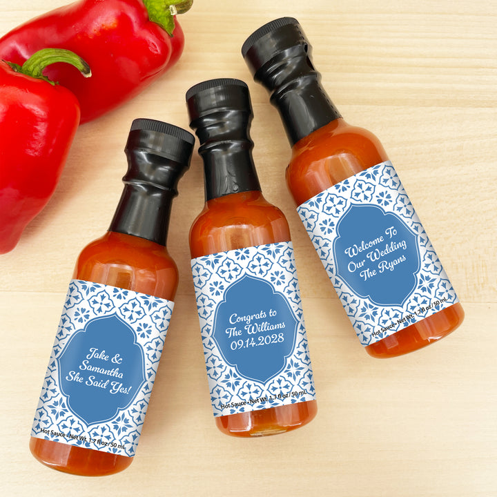 Hot Sauce Wedding Favors, Amalfi Coast Italian Wedding, Mediterranean Tile, 1.7 oz bottle of hot sauce