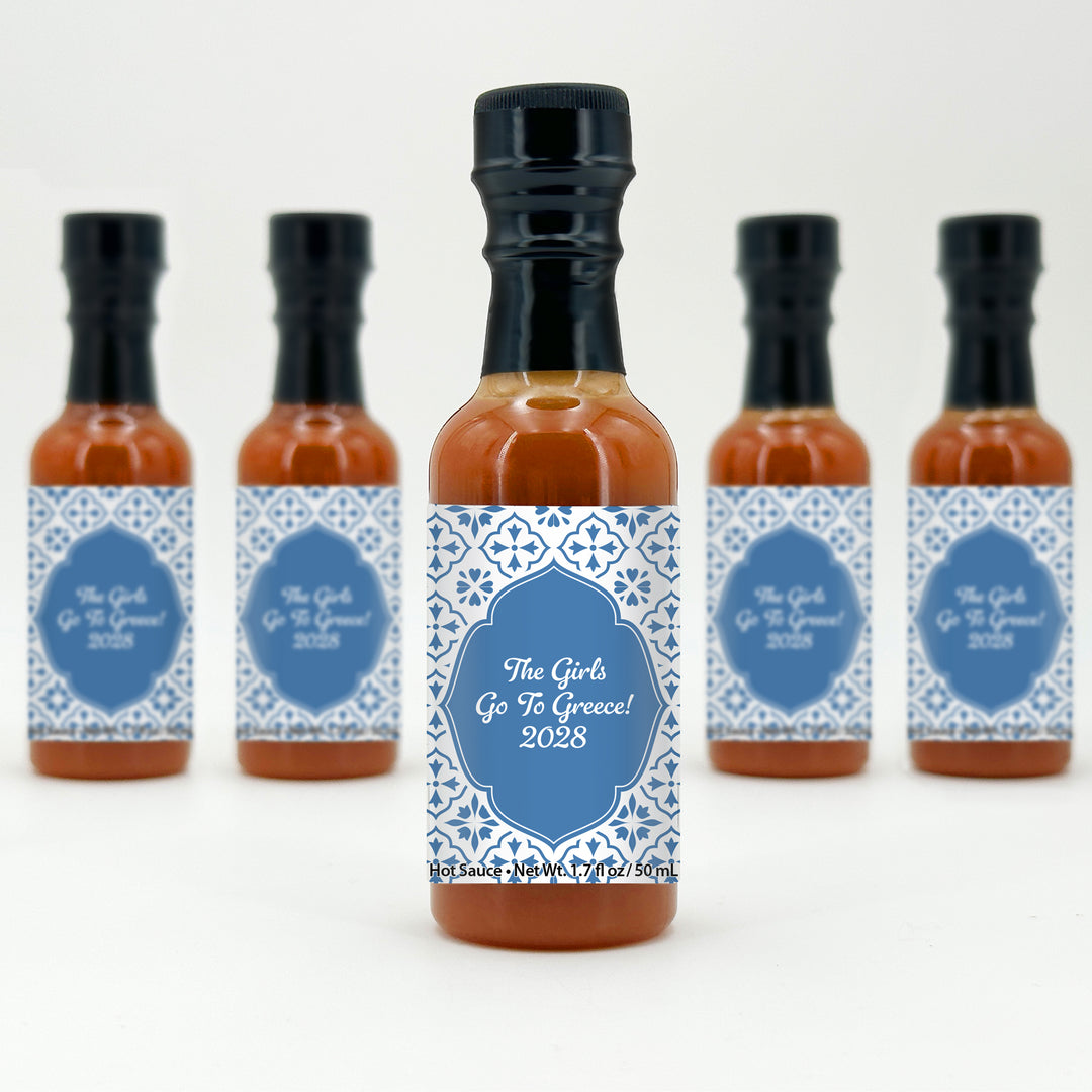 Hot Sauce Wedding Favors, Amalfi Coast Italian Wedding, Mediterranean Tile, 1.7 oz bottle of hot sauce