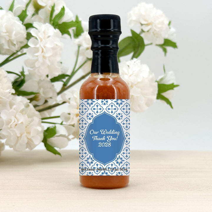 Hot Sauce Wedding Favors, Amalfi Coast Italian Wedding, Mediterranean Tile, 1.7 oz bottle of hot sauce