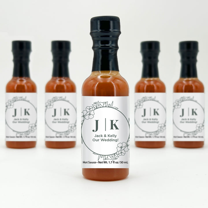 Hot Sauce Wedding Favors, Floral Line Drawing, 1.7 oz bottle of hot sauce